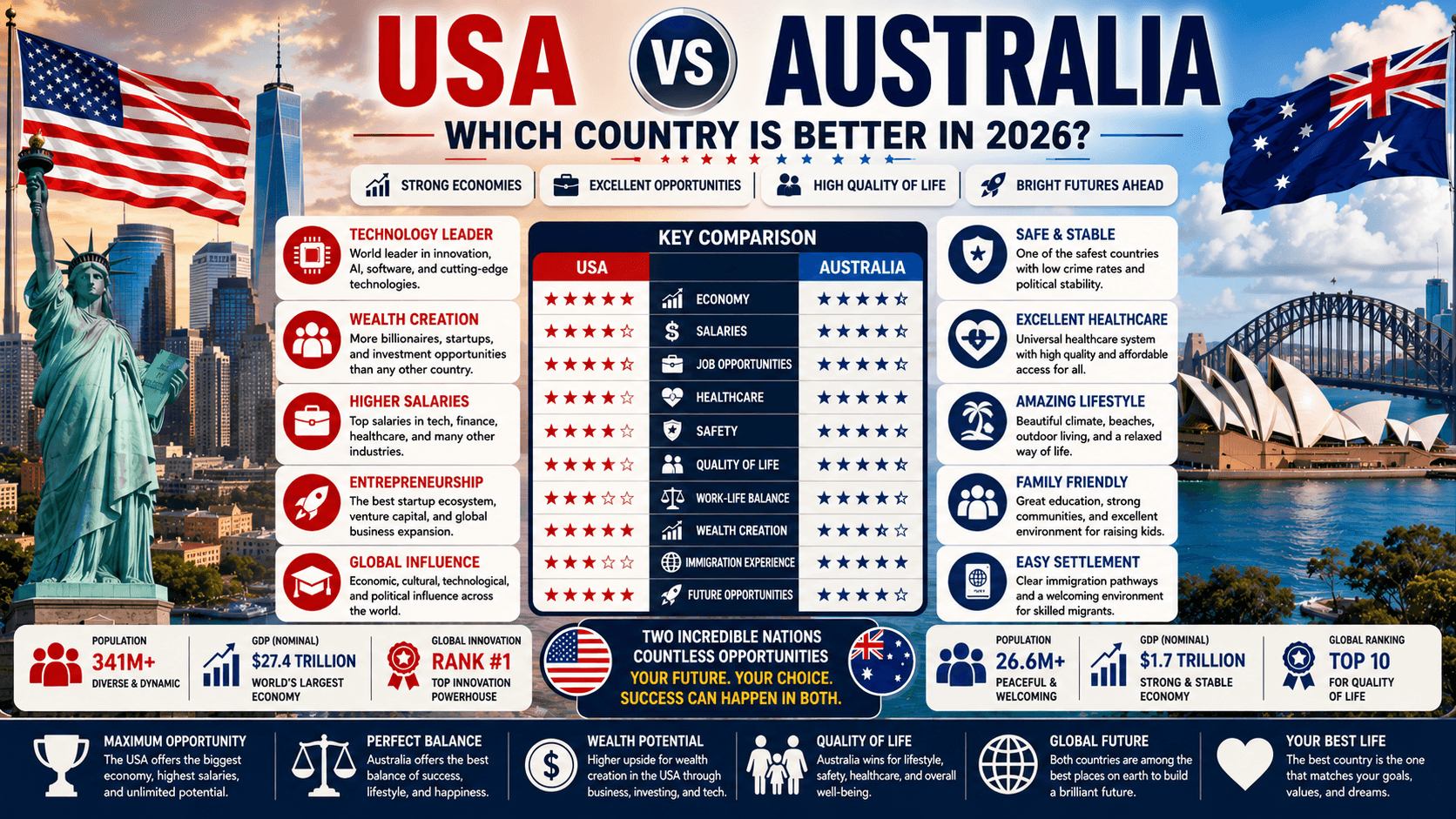 USA vs Australia: Which Country Is Better for Jobs, Salaries, Wealth, Immigration, and Quality of Life in 2026?