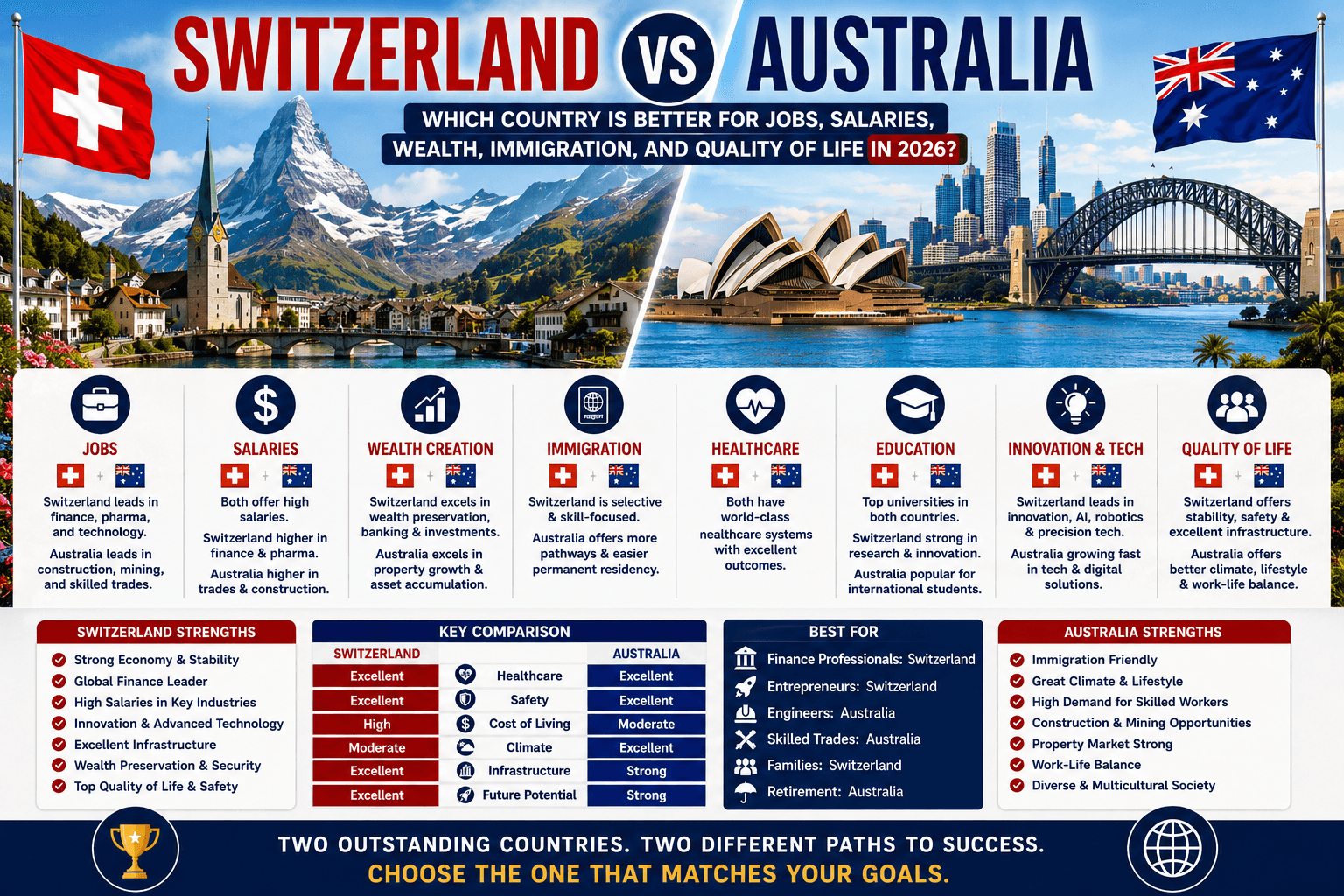 Switzerland vs Australia: Which Country Is Better for Jobs, Salaries, Wealth, Immigration, and Quality of Life in 2026?
