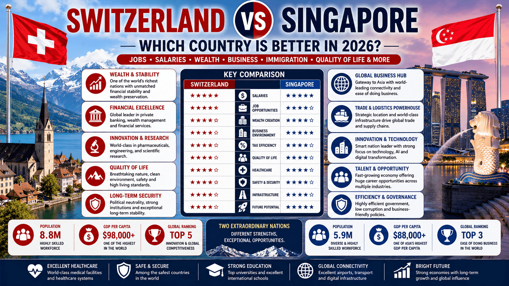 Switzerland vs Singapore: Which Country Is Better for Jobs, Salaries, Wealth, Business, and Quality of Life in 2026?