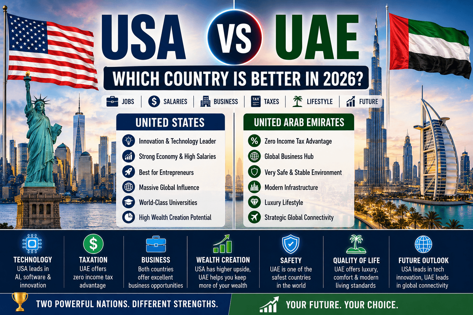 USA vs UAE United Arab Emirates: Which Country Is Better for Jobs, Salaries, Business, Taxes, and Living in 2026?