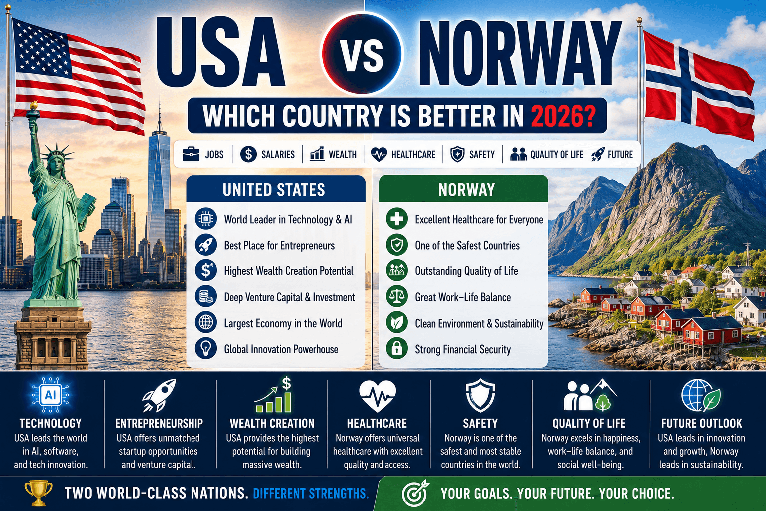 USA vs Norway: Which Country Is Better for Jobs, Salaries, Wealth, Quality of Life, and Living in 2026?