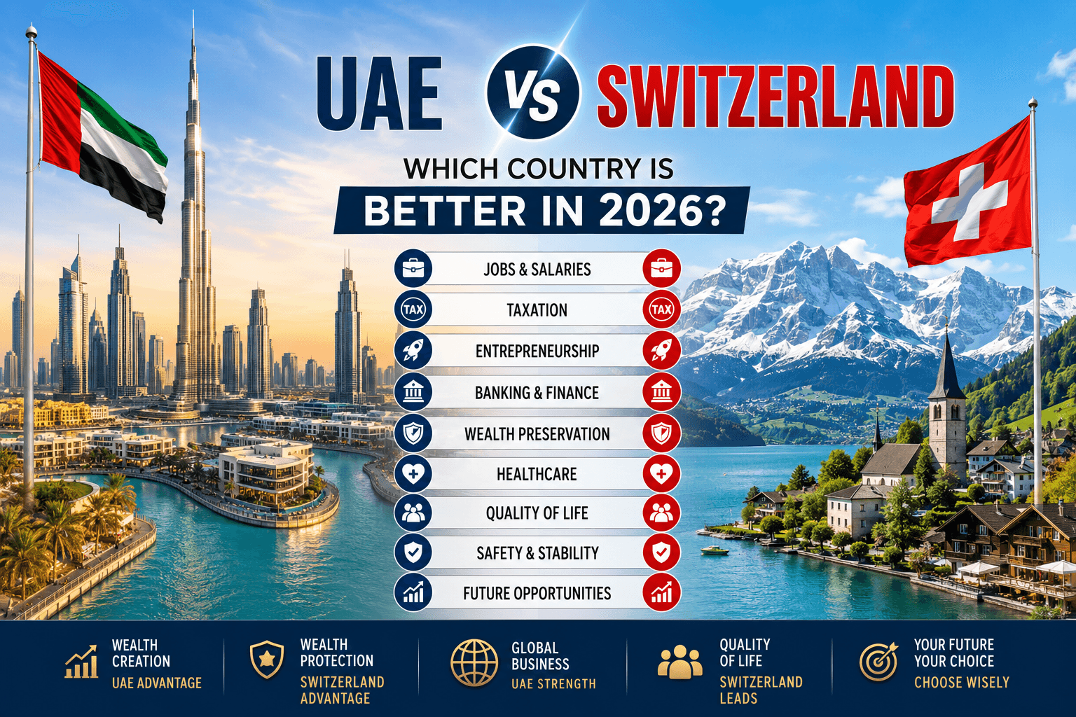 UAE vs Switzerland: Which Country Is Better for Jobs, Salaries, Taxes, Wealth, and Quality of Life in 2026?