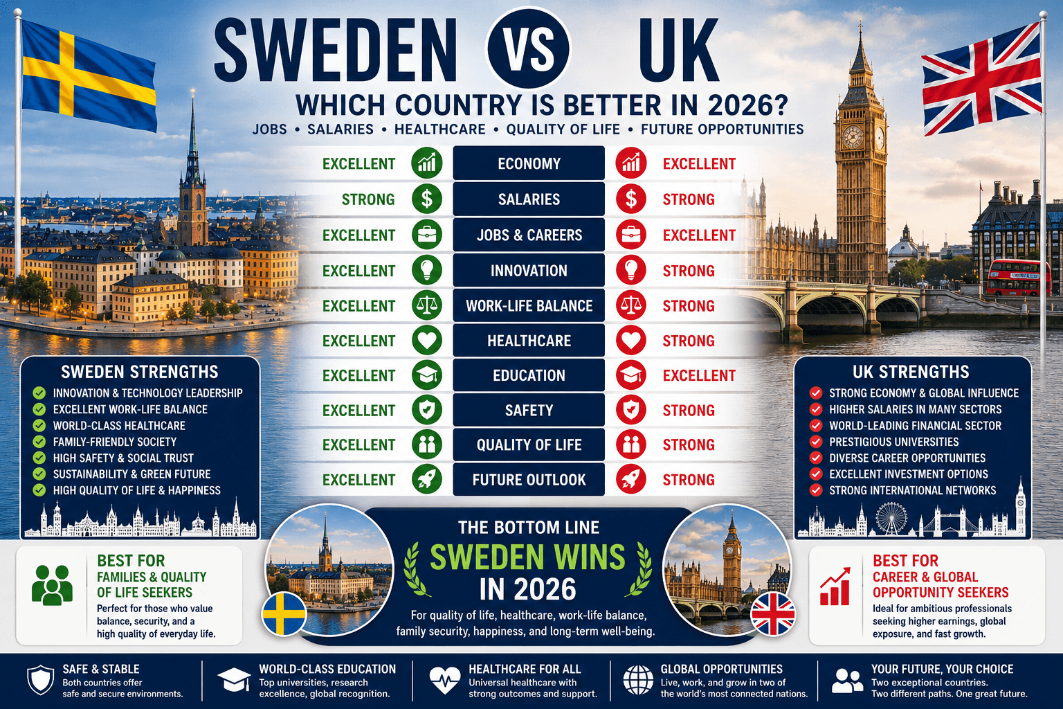 Sweden vs UK: Which Country Is Better for Jobs, Salaries, Healthcare, and Quality of Life in 2026?