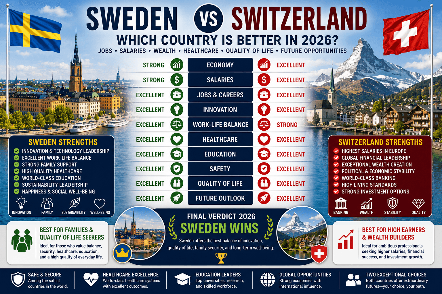 Sweden vs Switzerland: Which Country Is Better for Jobs, Salaries, Wealth, Quality of Life, and Living in 2026?