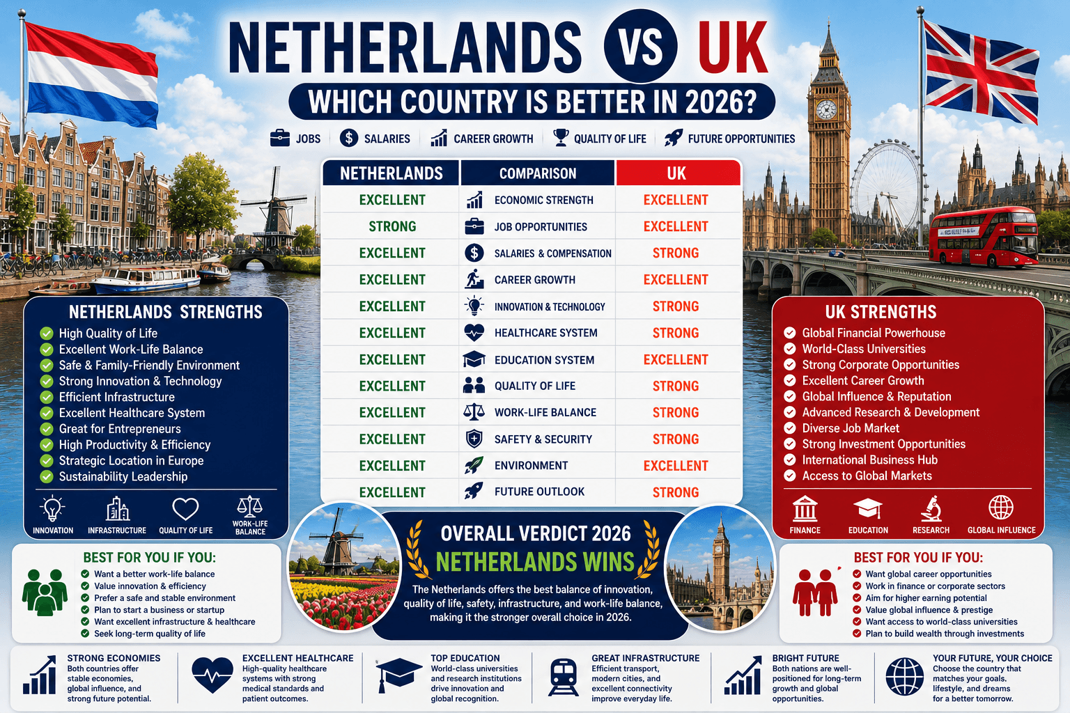 Netherlands vs UK: Which Country Is Better for Jobs, Salaries, Quality of Life, and Living in 2026?