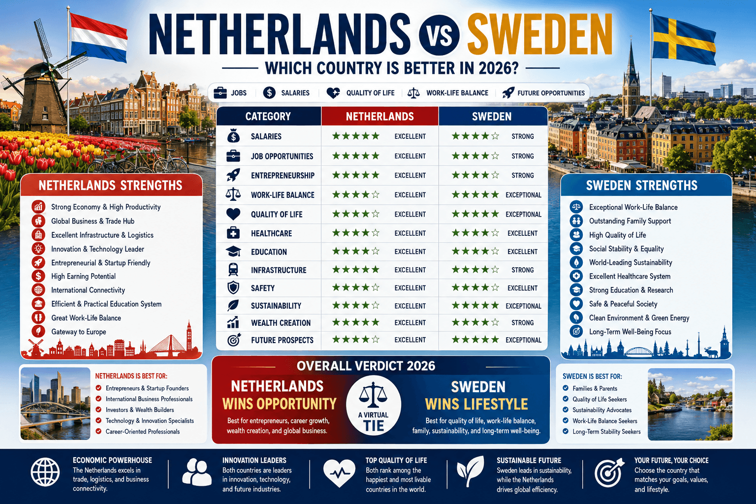 Netherlands vs Sweden: Which Country Is Better for Jobs, Salaries, Quality of Life, Work-Life Balance, and Living in 2026?