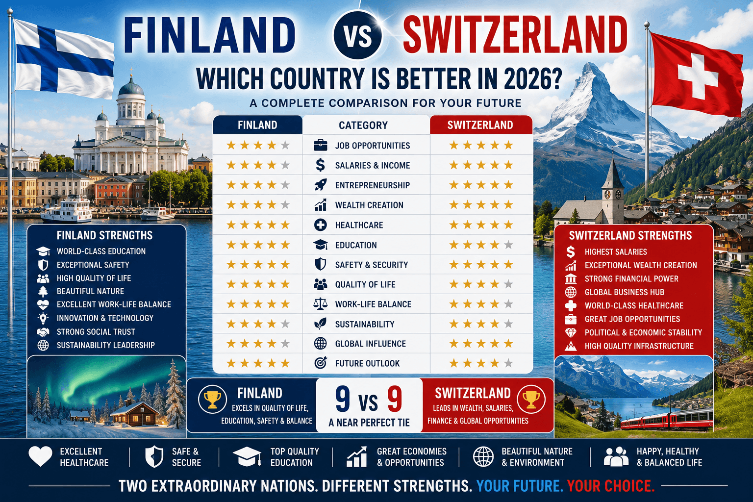 Finland vs Switzerland: Which Country Is Better for Jobs, Salaries, Quality of Life, Immigration, and Living in 2026?