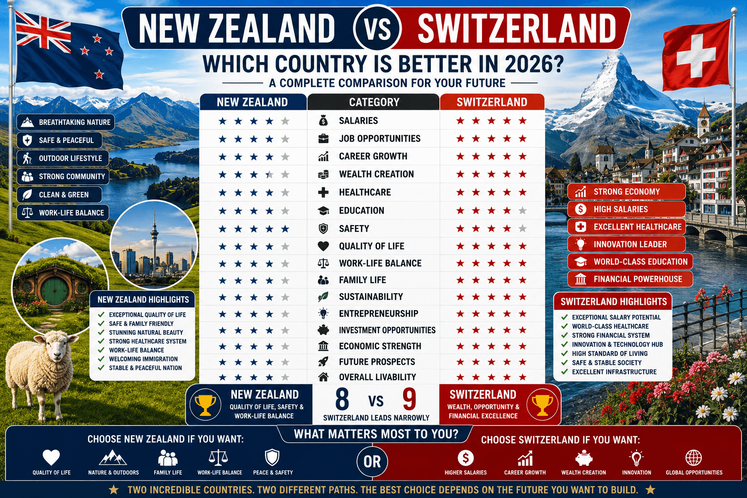 New Zealand vs Switzerland: Which Country Is Better for Jobs, Salaries, Immigration, and Quality of Life in 2026?