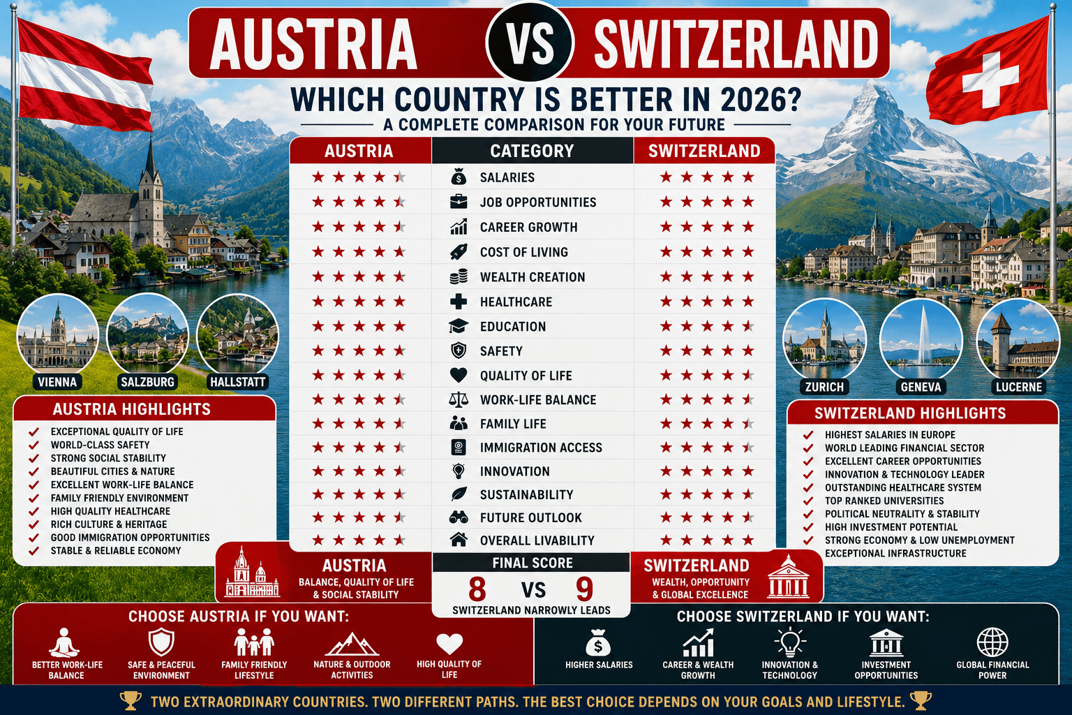Austria vs Switzerland: Which Country Is Better for Jobs, Salaries, Immigration, and Quality of Life in 2026?