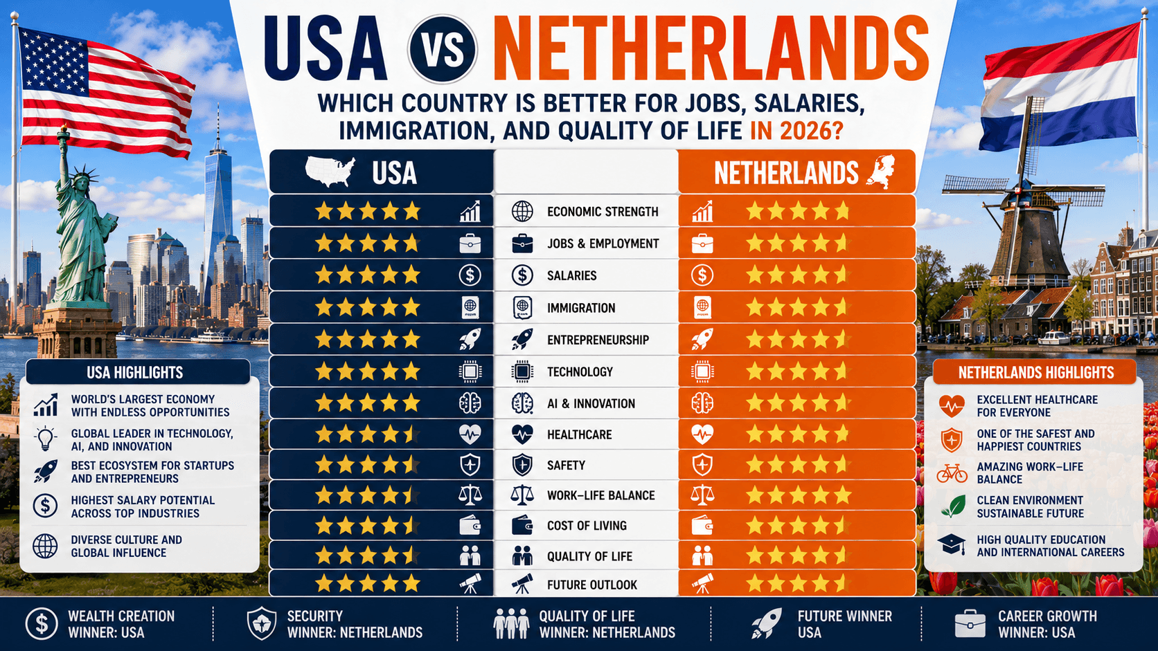 USA vs Netherlands: Which Country Is Better for Jobs, Salaries, Immigration, and Quality of Life in 2026?