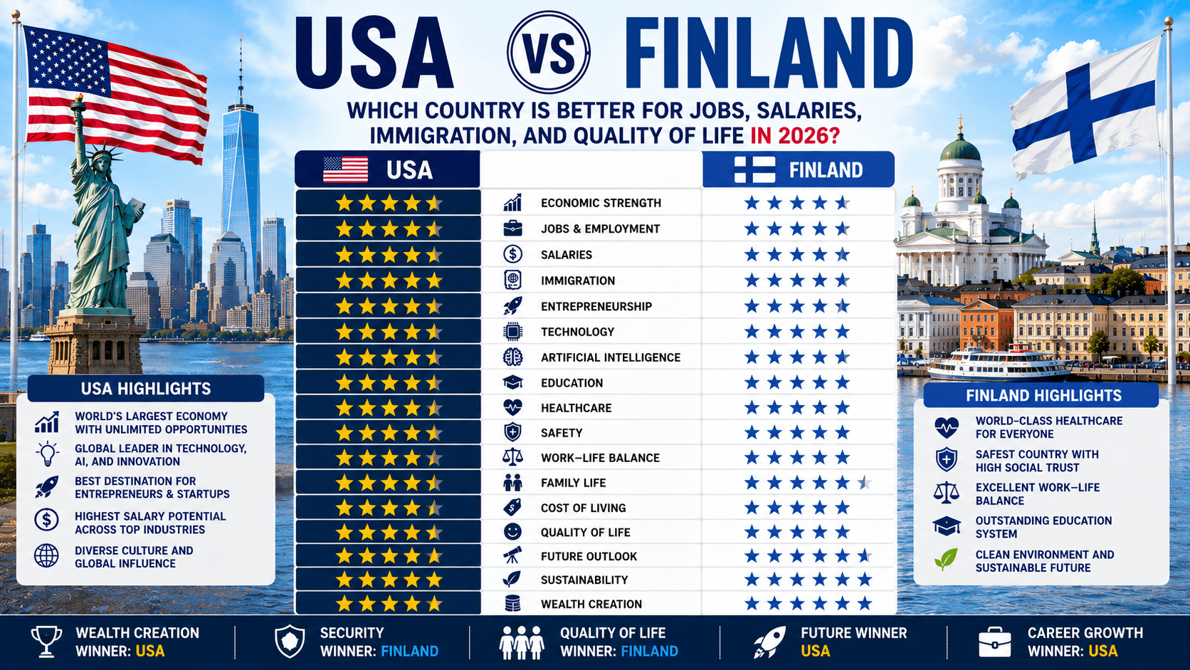 USA vs Finland: Which Country Is Better for Jobs, Salaries, Immigration, and Quality of Life in 2026?