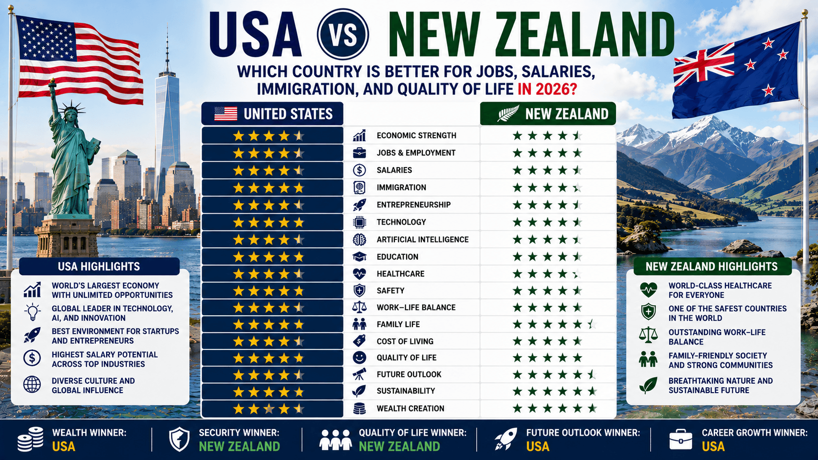 USA vs New Zealand: Which Country Is Better for Jobs, Salaries, Immigration, and Quality of Life in 2026?