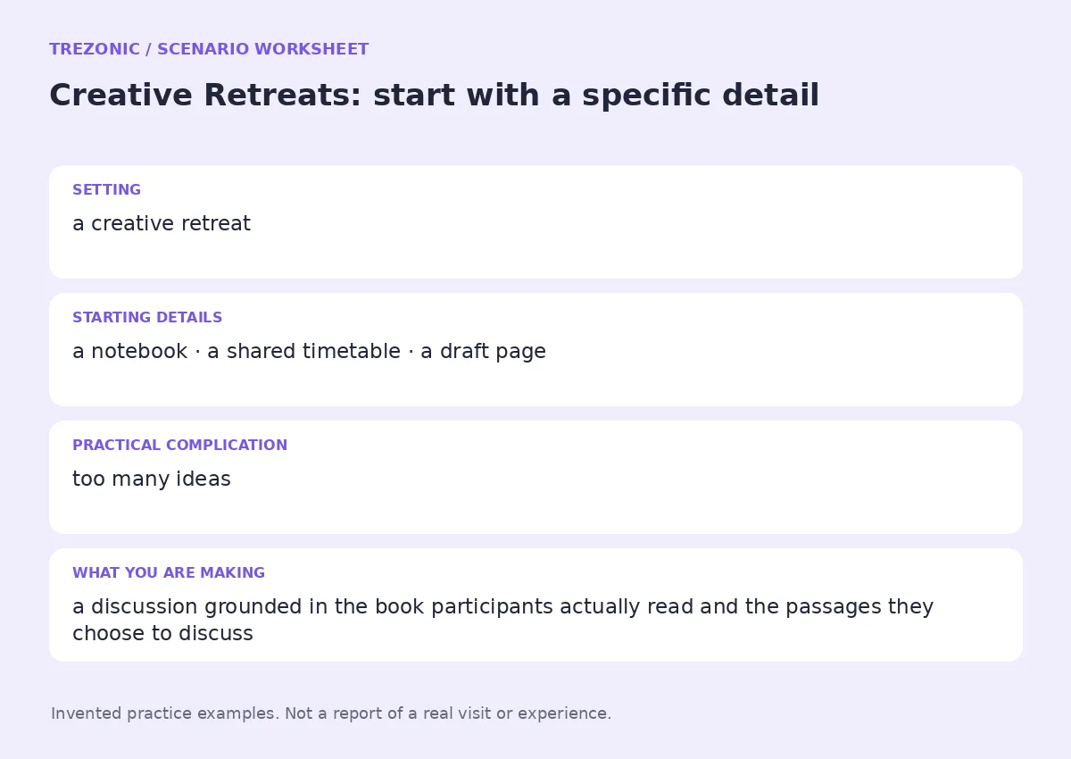 Practice worksheet for Creative Retreats: setting, starting details, complication and goal