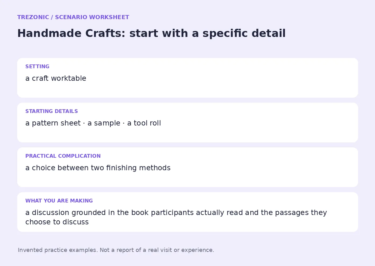 Practice worksheet for Handmade Crafts: setting, starting details, complication and goal