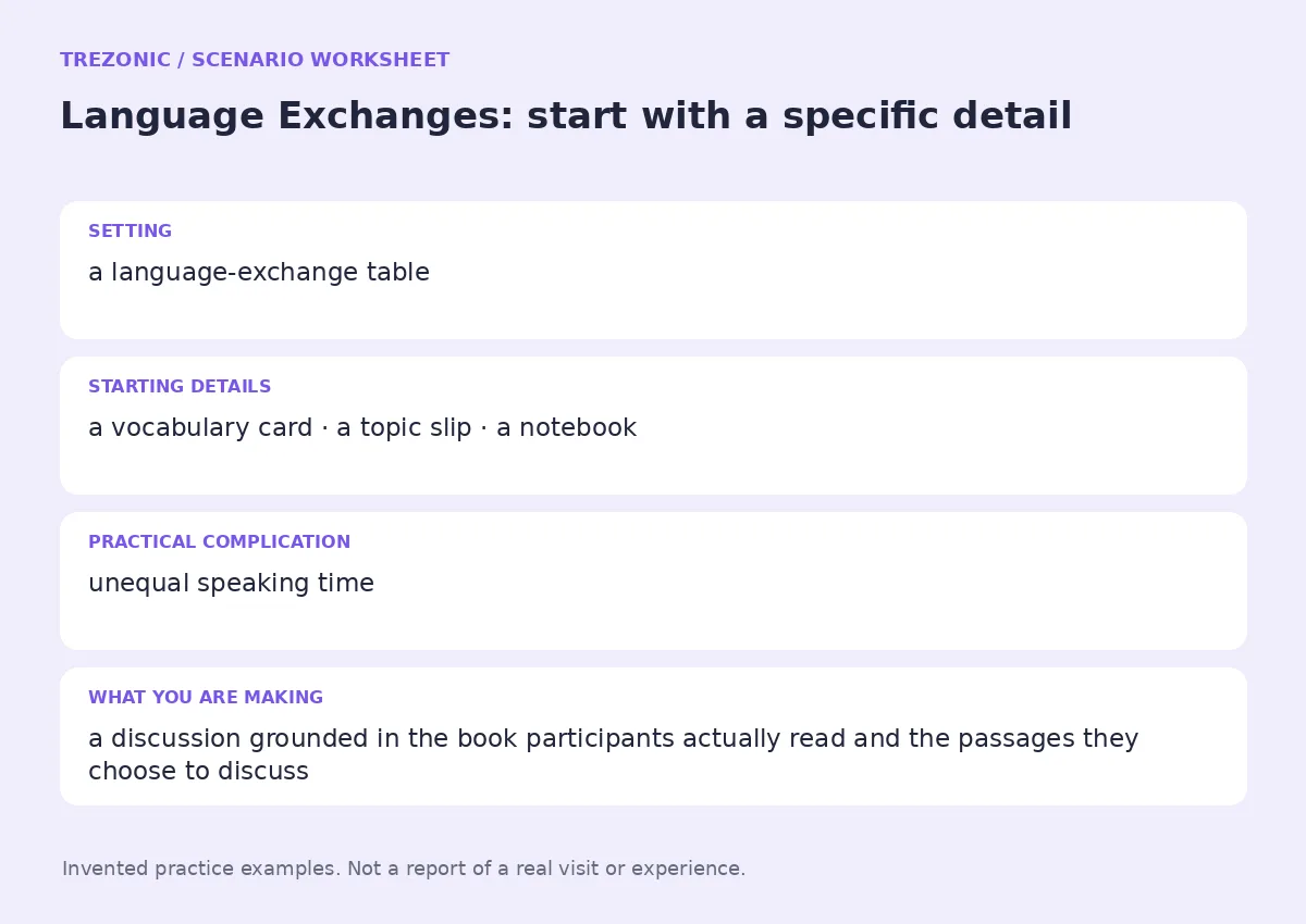 Practice worksheet for Language Exchanges: setting, starting details, complication and goal