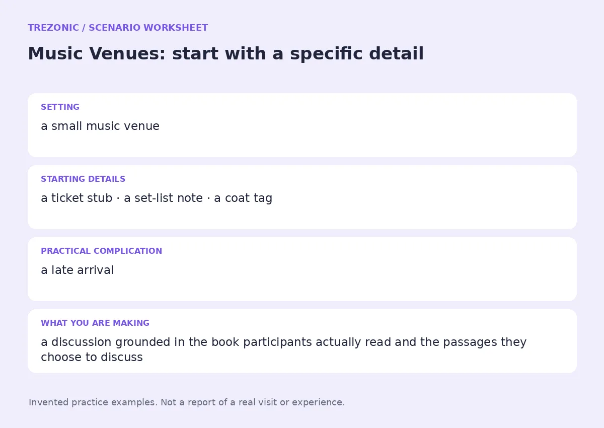 Practice worksheet for Music Venues: setting, starting details, complication and goal
