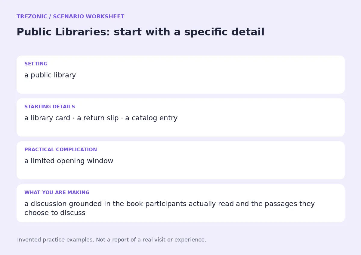 Practice worksheet for Public Libraries: setting, starting details, complication and goal