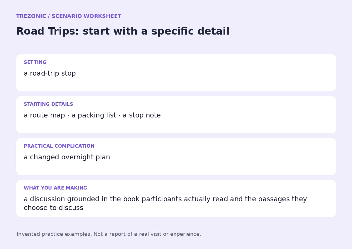 Practice worksheet for Road Trips: setting, starting details, complication and goal