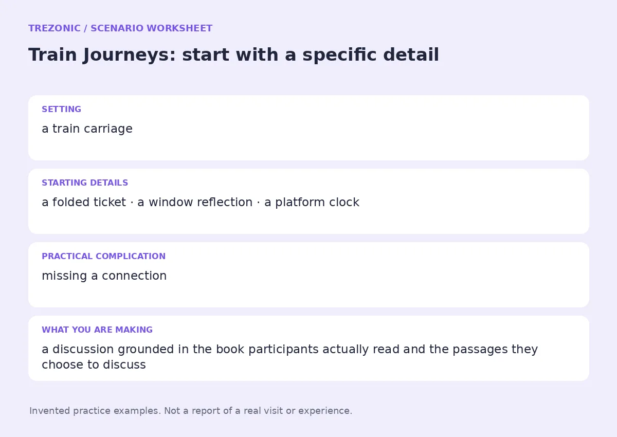 Practice worksheet for Train Journeys: setting, starting details, complication and goal