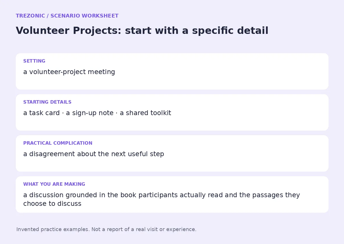 Practice worksheet for Volunteer Projects: setting, starting details, complication and goal