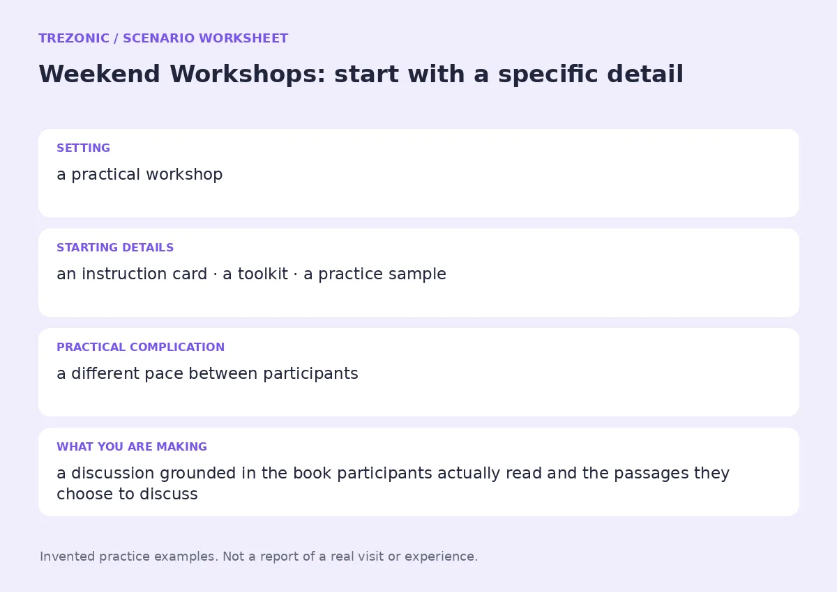 Practice worksheet for Weekend Workshops: setting, starting details, complication and goal