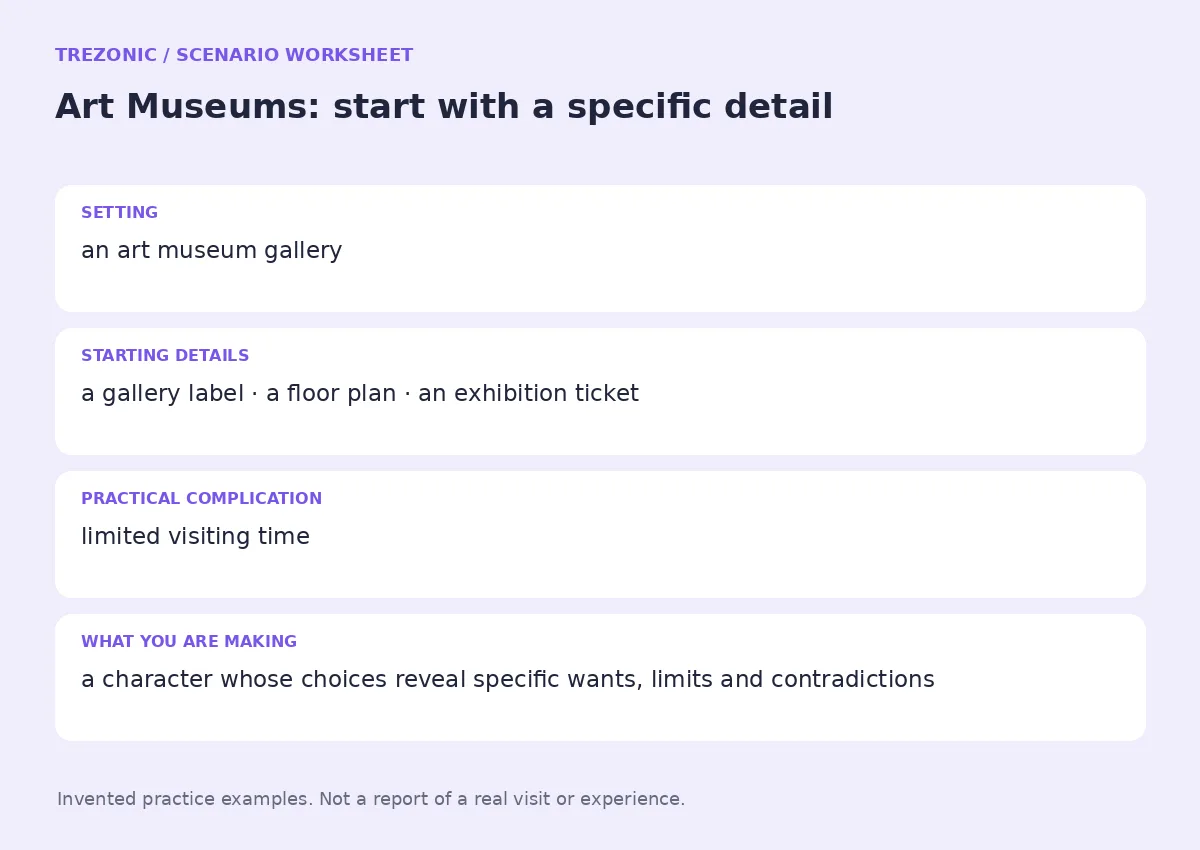 Practice worksheet for Art Museums: setting, starting details, complication and goal