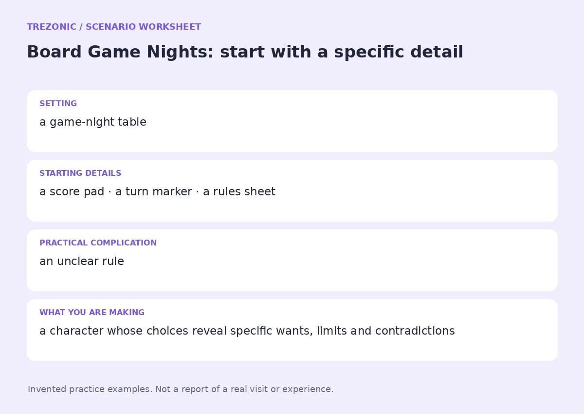 Practice worksheet for Board Game Nights: setting, starting details, complication and goal