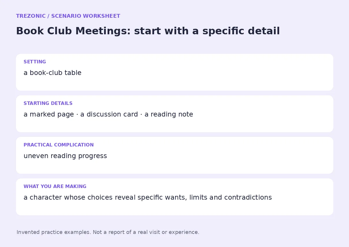 Practice worksheet for Book Club Meetings: setting, starting details, complication and goal