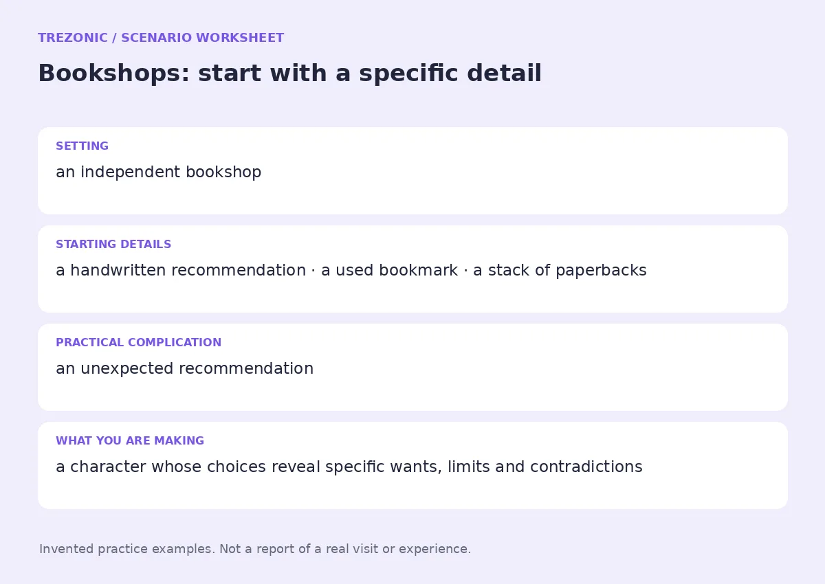 Practice worksheet for Bookshops: setting, starting details, complication and goal