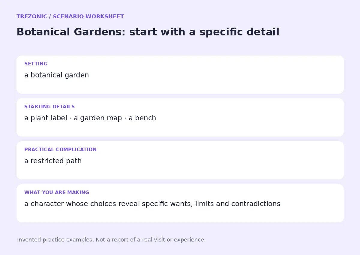 Practice worksheet for Botanical Gardens: setting, starting details, complication and goal