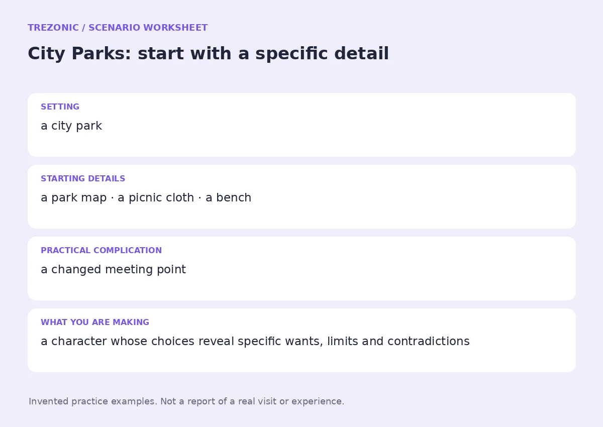 Practice worksheet for City Parks: setting, starting details, complication and goal