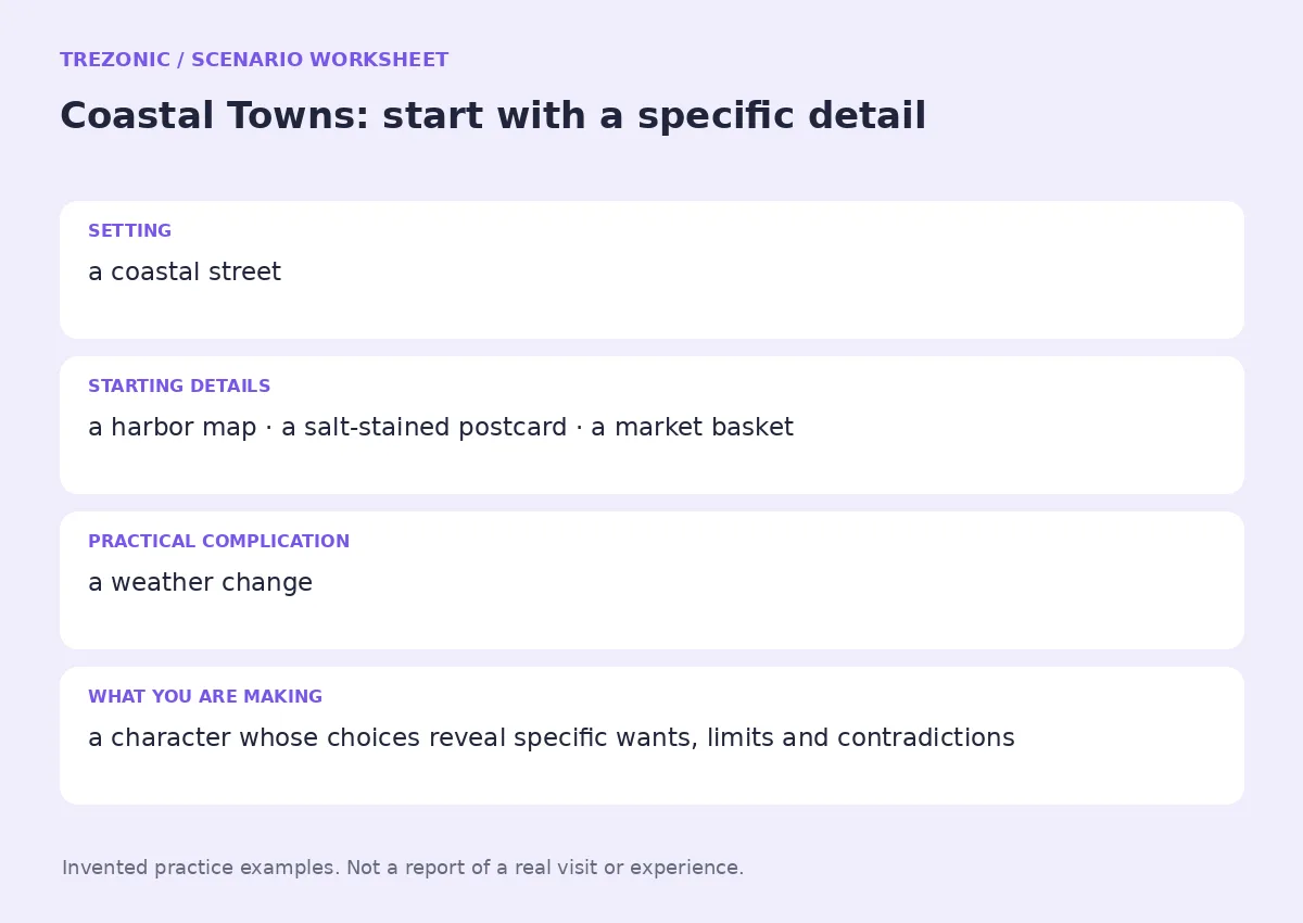 Practice worksheet for Coastal Towns: setting, starting details, complication and goal