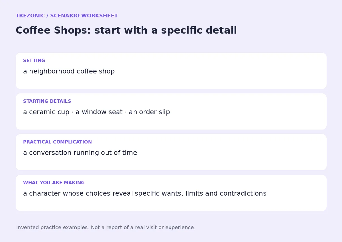 Practice worksheet for Coffee Shops: setting, starting details, complication and goal