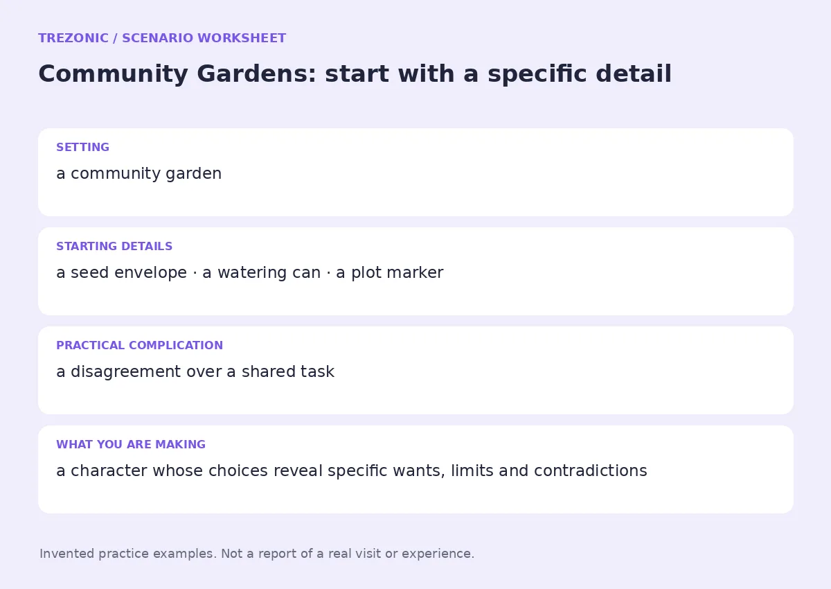 Practice worksheet for Community Gardens: setting, starting details, complication and goal