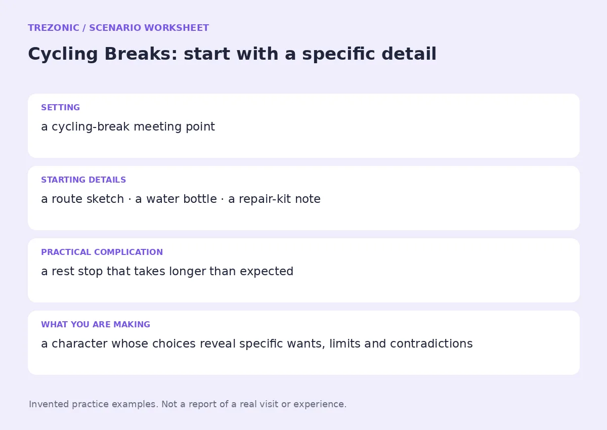 Practice worksheet for Cycling Breaks: setting, starting details, complication and goal