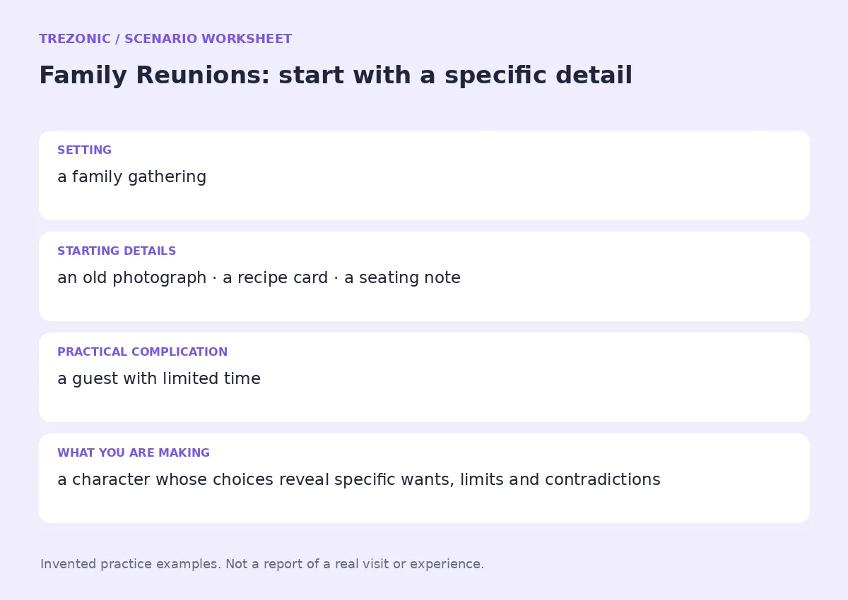 Practice worksheet for Family Reunions: setting, starting details, complication and goal