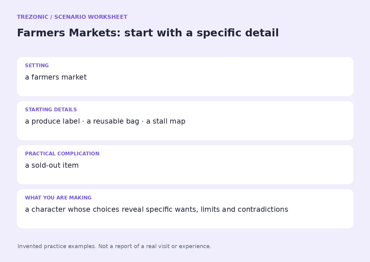 Practice worksheet for Farmers Markets: setting, starting details, complication and goal