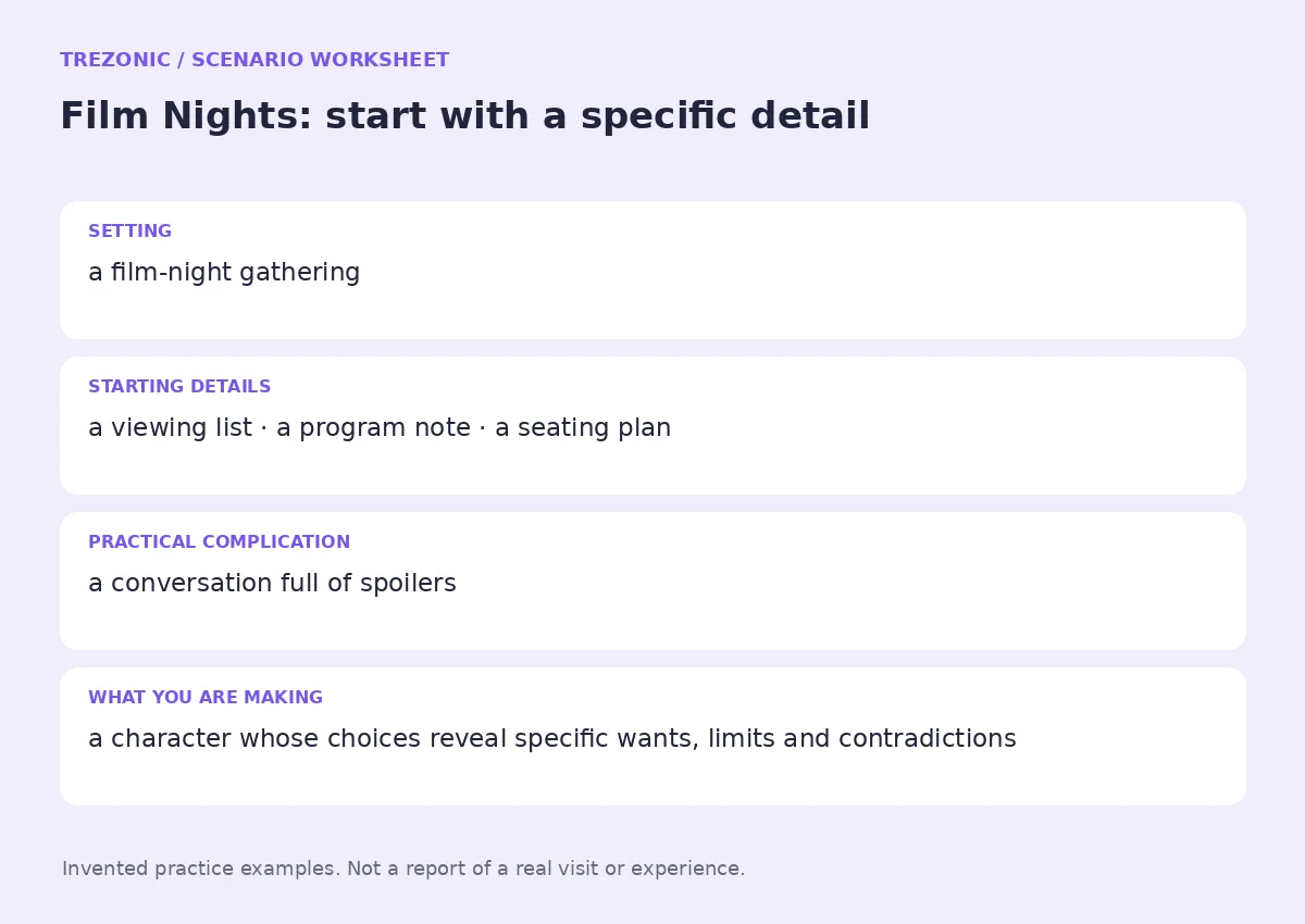 Practice worksheet for Film Nights: setting, starting details, complication and goal
