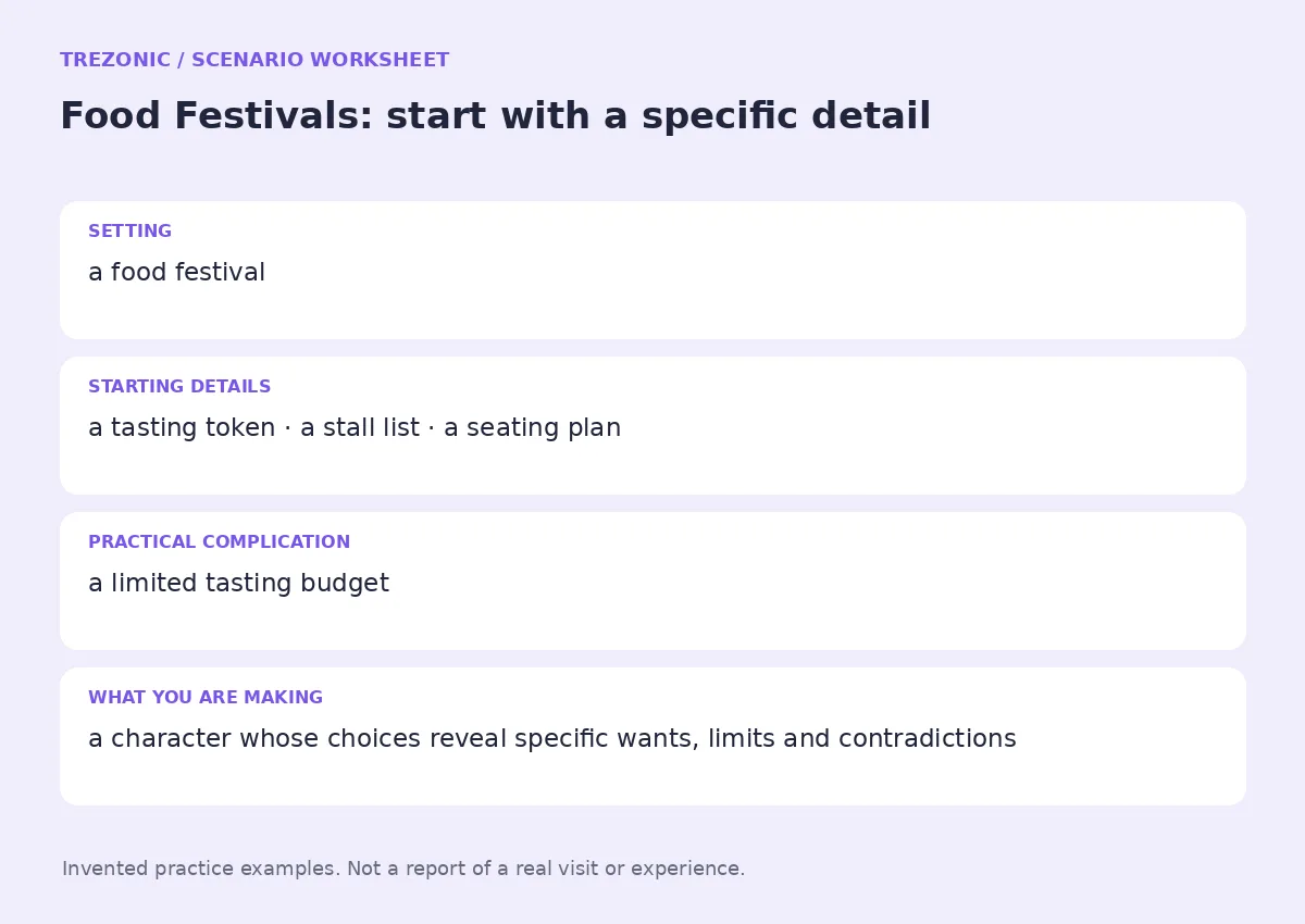 Practice worksheet for Food Festivals: setting, starting details, complication and goal