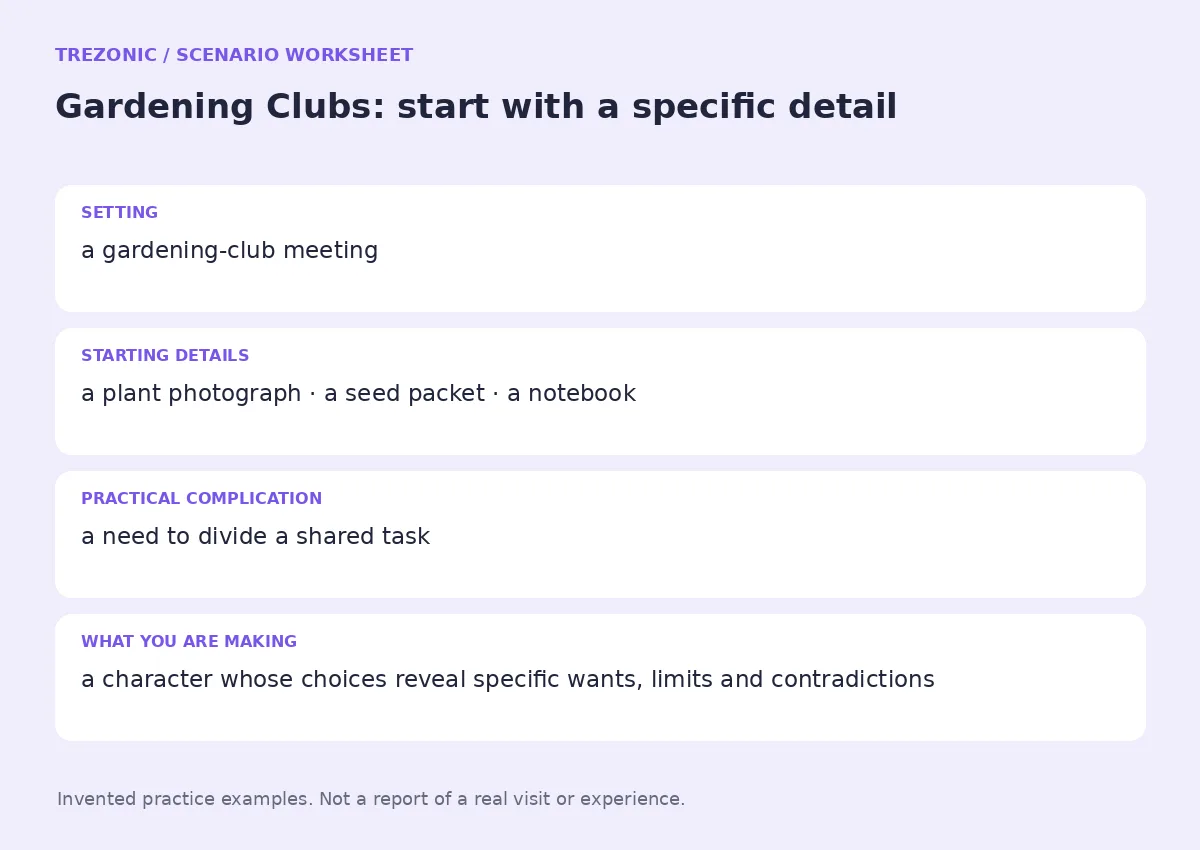 Practice worksheet for Gardening Clubs: setting, starting details, complication and goal