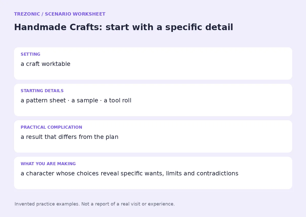Practice worksheet for Handmade Crafts: setting, starting details, complication and goal