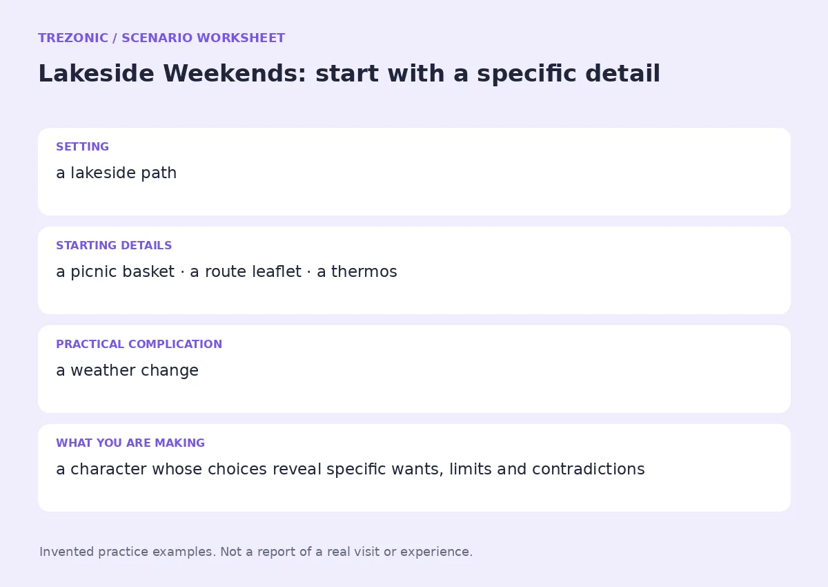 Practice worksheet for Lakeside Weekends: setting, starting details, complication and goal