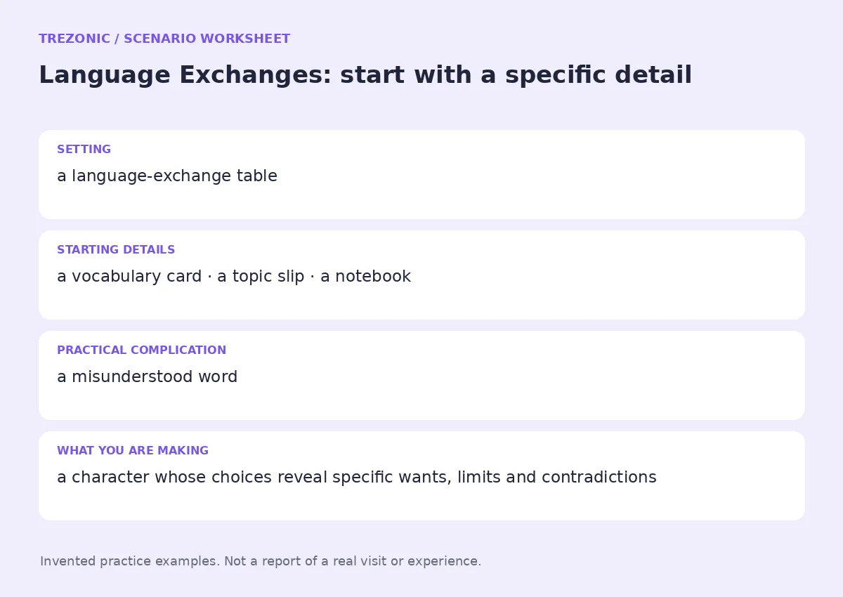 Practice worksheet for Language Exchanges: setting, starting details, complication and goal