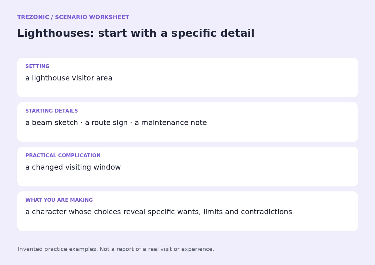 Practice worksheet for Lighthouses: setting, starting details, complication and goal