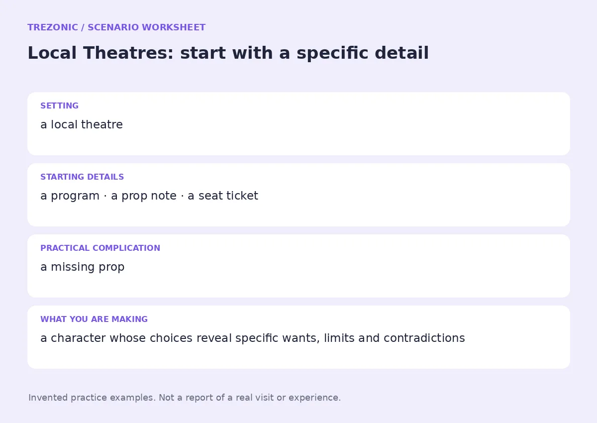 Practice worksheet for Local Theatres: setting, starting details, complication and goal
