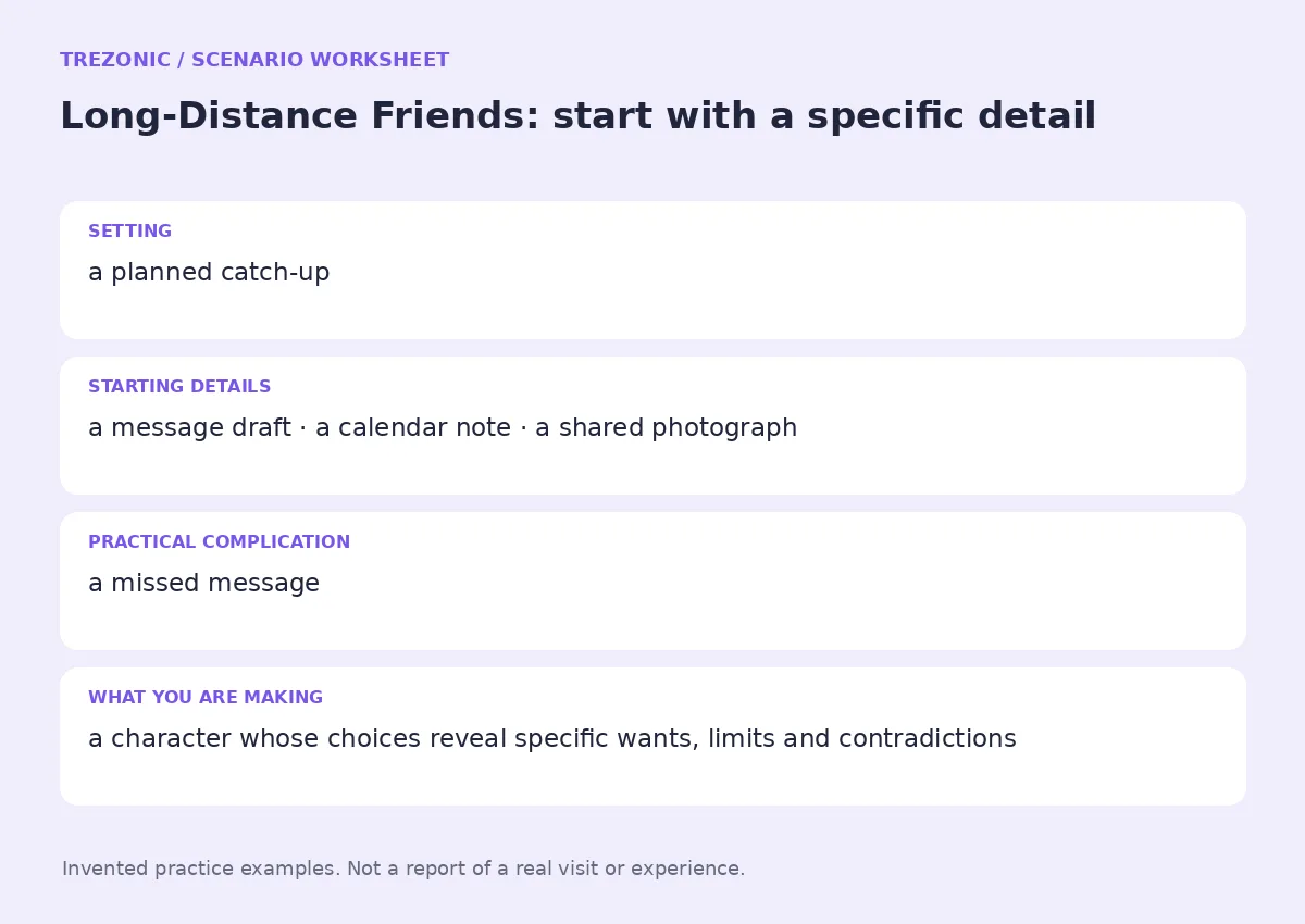 Practice worksheet for Long-Distance Friends: setting, starting details, complication and goal