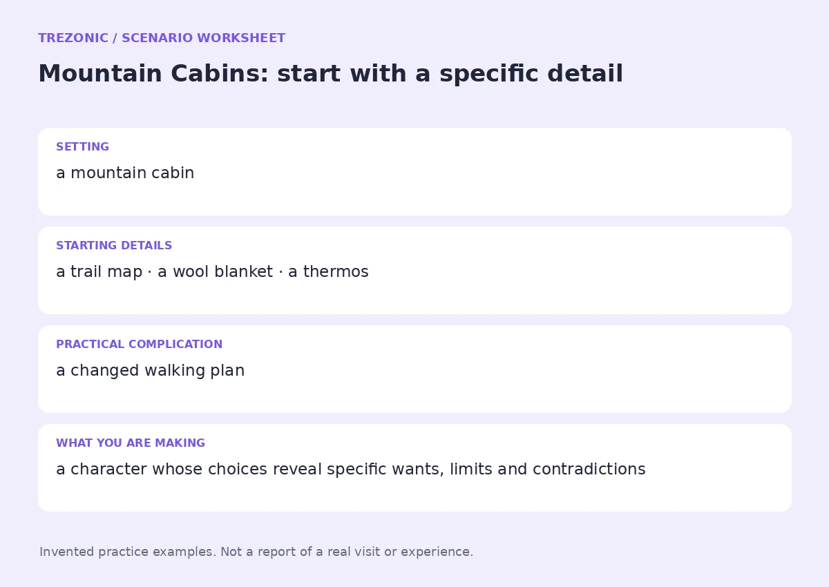 Practice worksheet for Mountain Cabins: setting, starting details, complication and goal