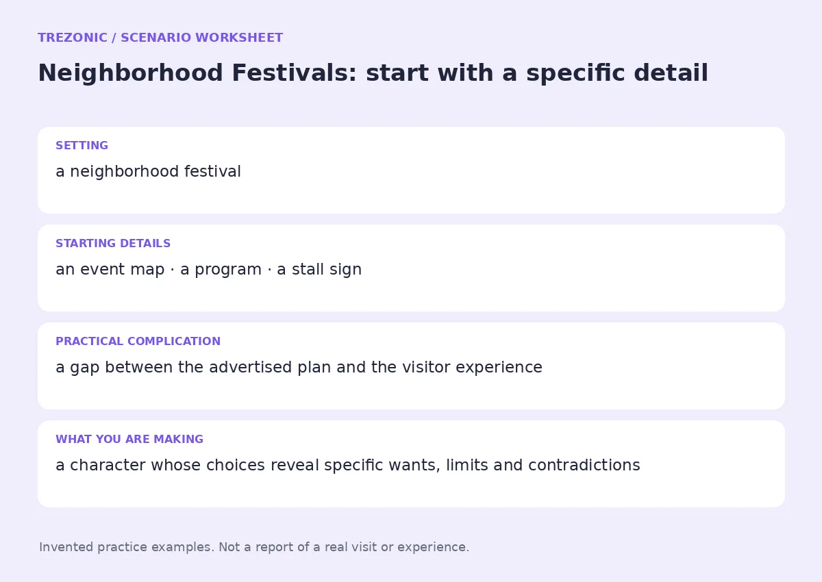 Practice worksheet for Neighborhood Festivals: setting, starting details, complication and goal