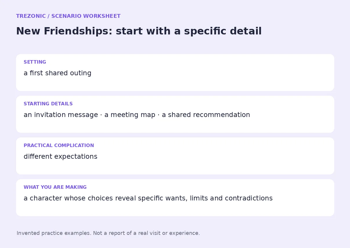 Practice worksheet for New Friendships: setting, starting details, complication and goal