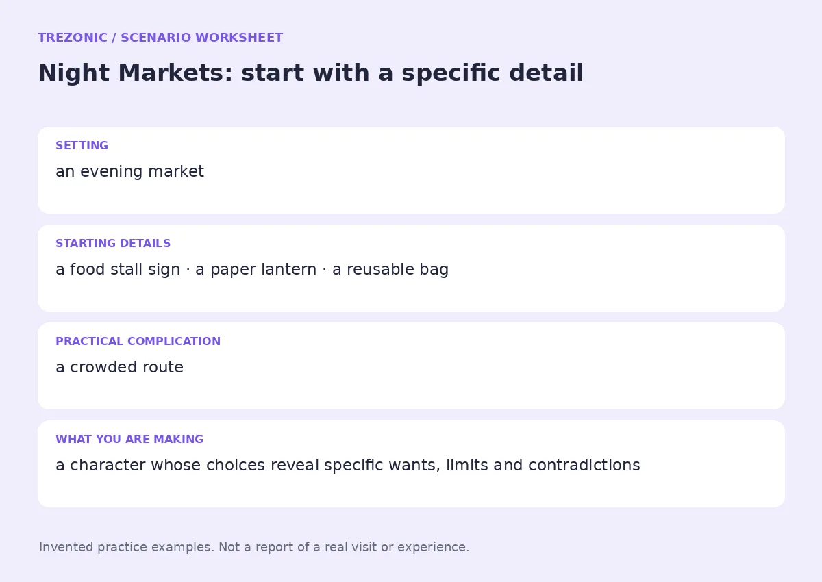 Practice worksheet for Night Markets: setting, starting details, complication and goal